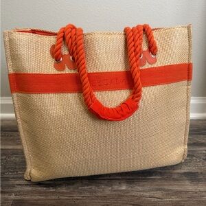 Escada Sunset Heat Faux Straw Tote Bag With Orange Rope Handles